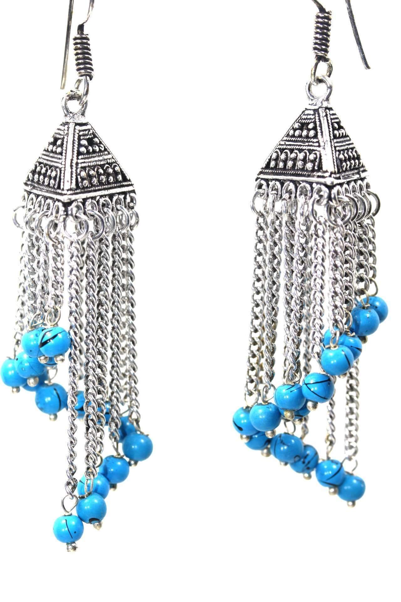 Curving Dangle Chandelier Bead Earrings featuring vibrant marbled beads and silver tone links, elegantly designed for a stylish look.