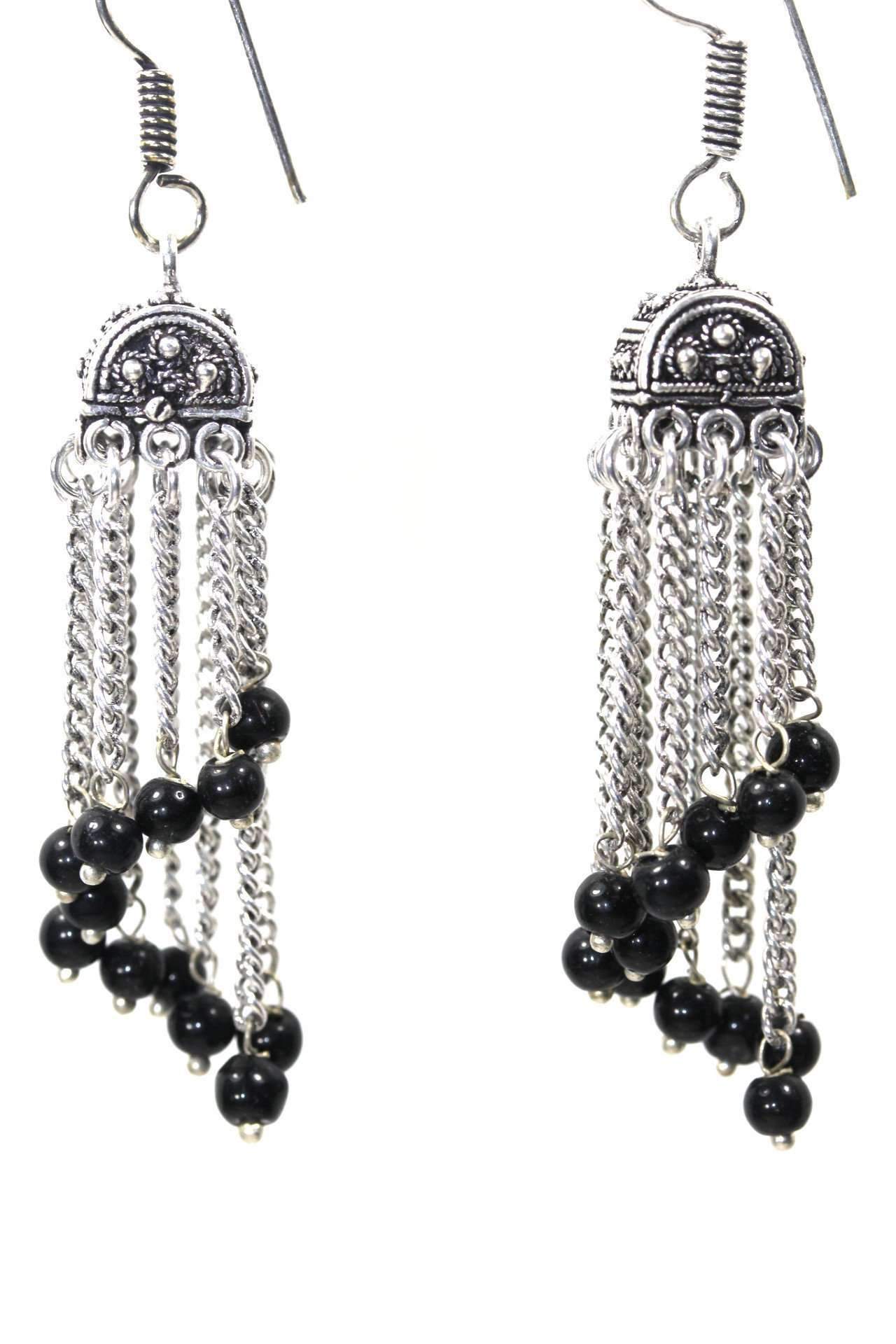 Curving Dangle Chandelier Bead Earrings featuring vibrant marbled beads and silver tone links, elegantly designed for a stylish look.