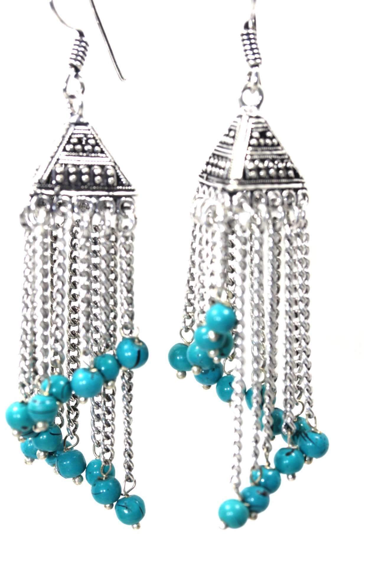 Curving Dangle Chandelier Bead Earrings featuring vibrant marbled beads and silver tone links, elegantly designed for a stylish look.