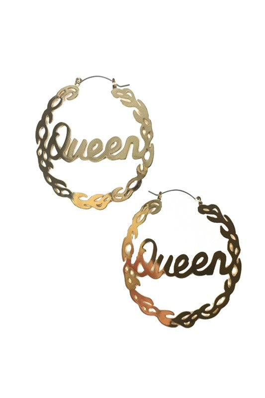 Gold plated Cut Off Queen Hoop Earring with a 2.5-inch diameter and latch back closure, showcasing a stylish and elegant design.