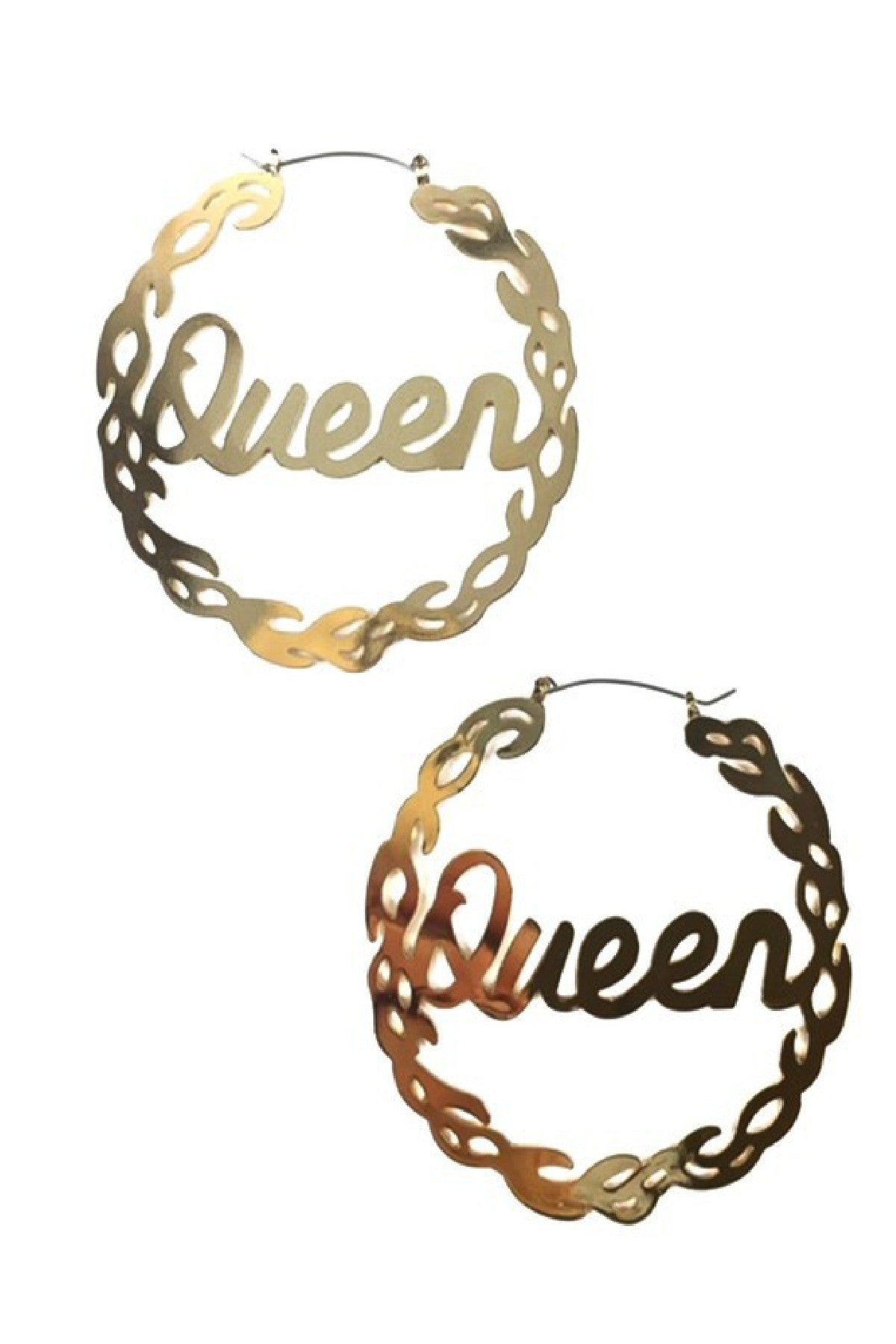 Gold plated Cut Off Queen hoop earrings with a 3-inch diameter and latch back closure, showcasing elegance and style.