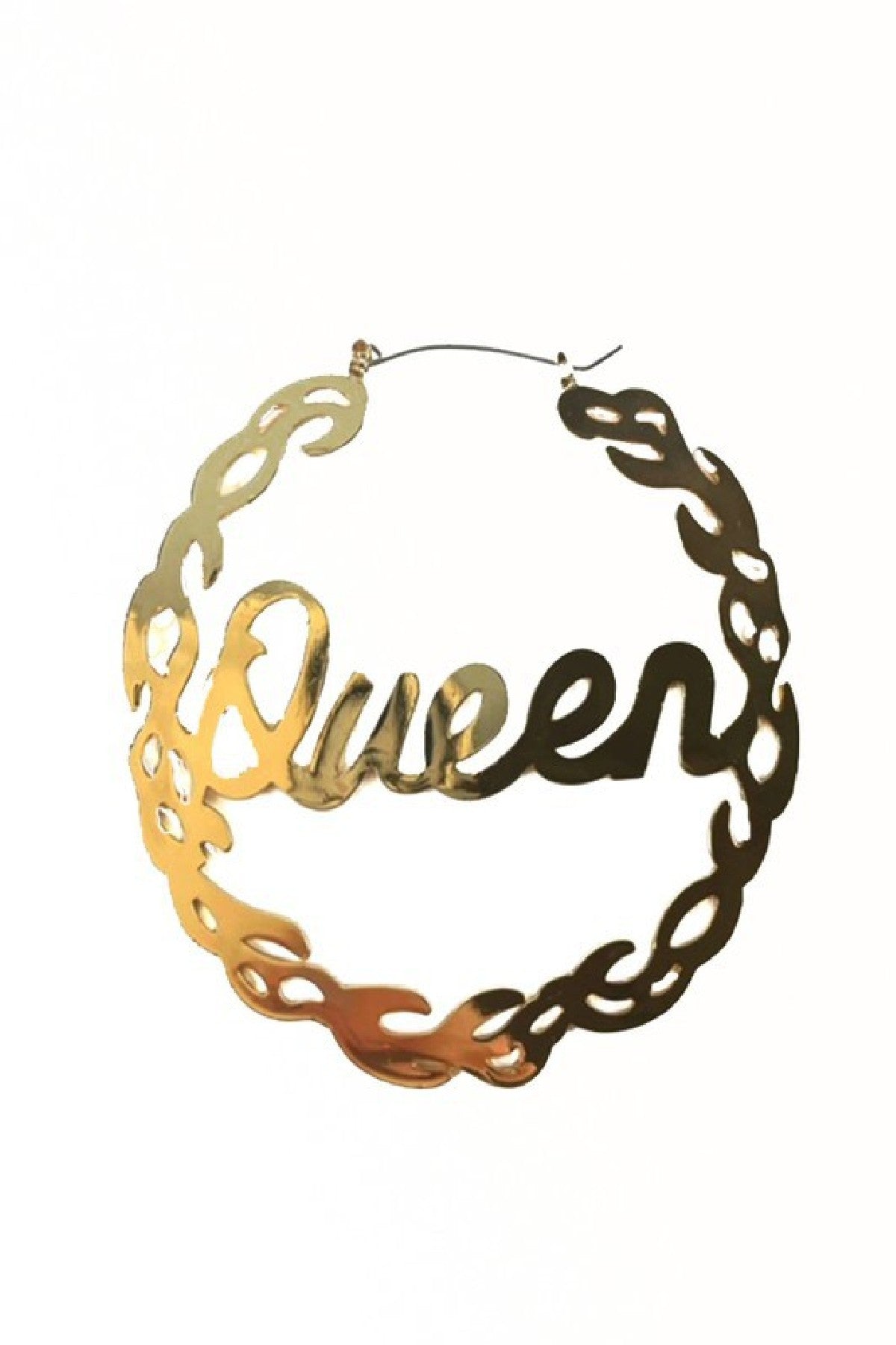 Gold plated Cut Off Queen hoop earrings with a 3-inch diameter and latch back closure, showcasing elegance and style.