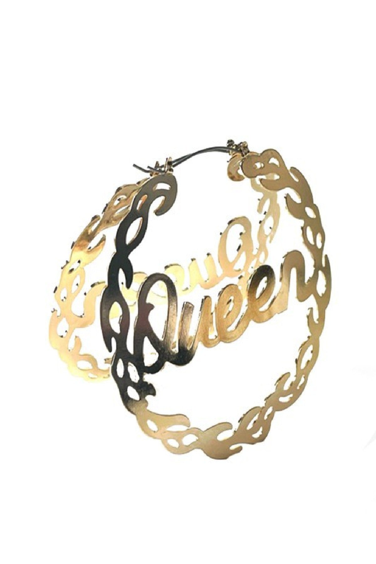 Gold plated Cut Off Queen hoop earrings with a 3-inch diameter and latch back closure, showcasing elegance and style.