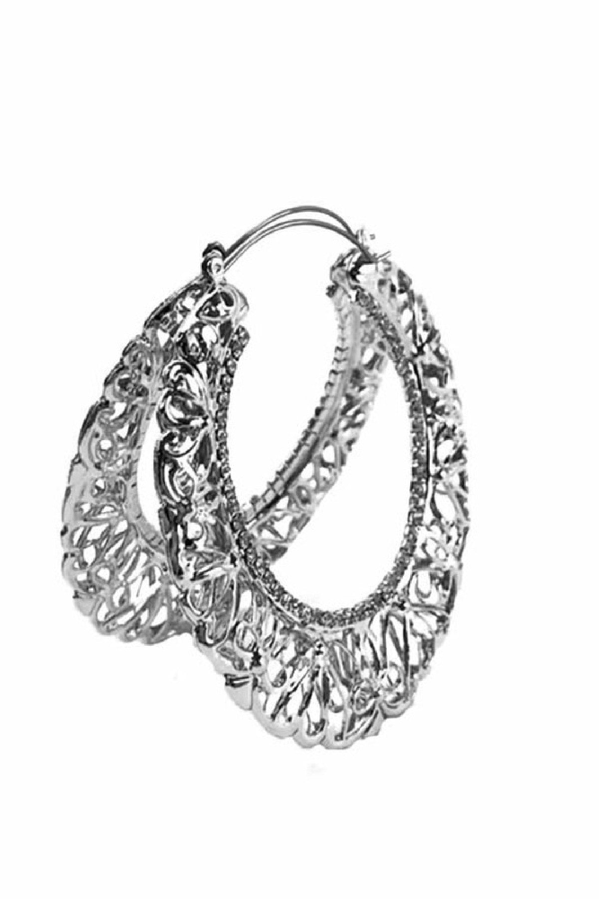 Elegant Cut Off with Rhinestone Hoop Earring featuring a 2.5-inch drop and lever back closure, adorned with sparkling rhinestones.