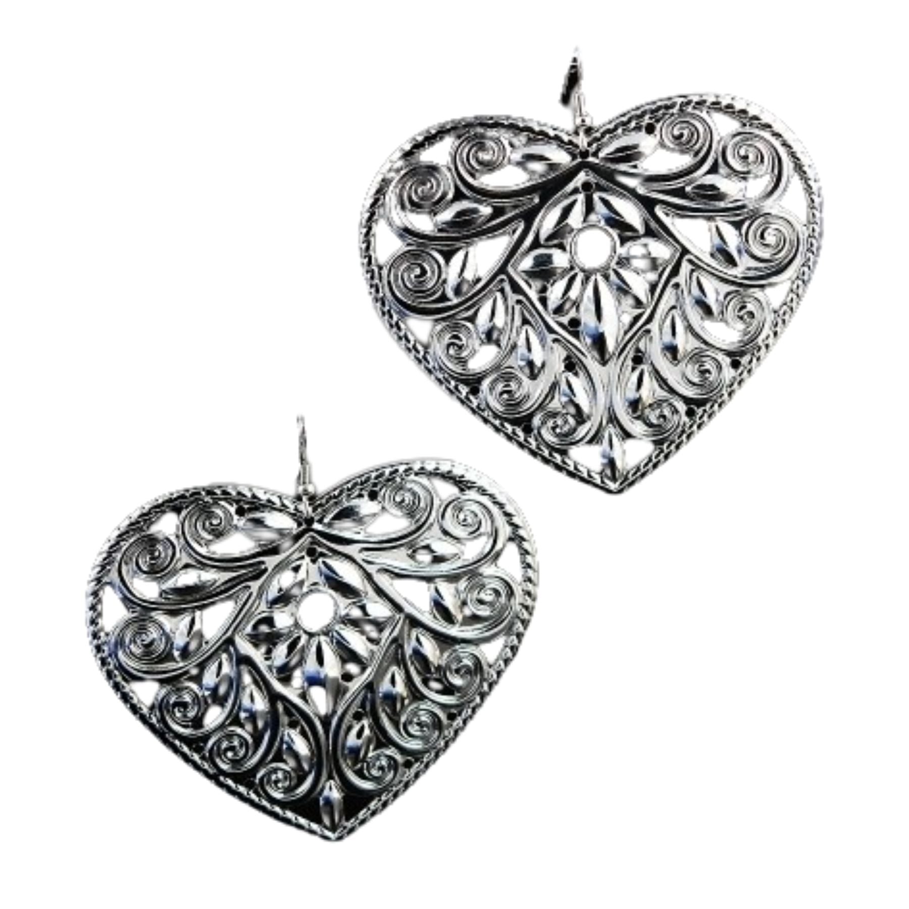 Elegant cut out pattern heart earrings with fish hook ear wire, showcasing a stylish design and double plated finish.