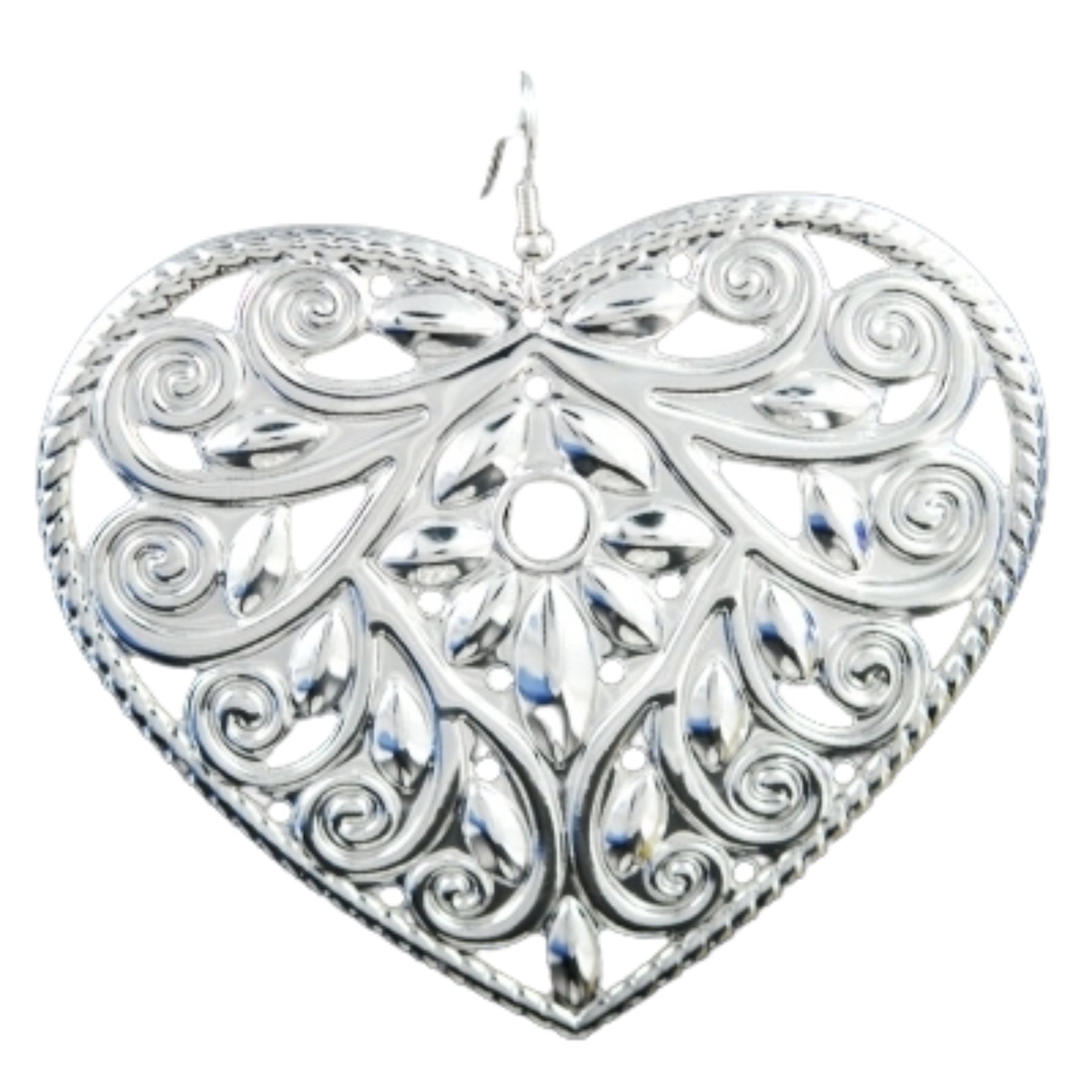 Elegant cut out pattern heart earrings with fish hook ear wire, showcasing a stylish design and double plated finish.