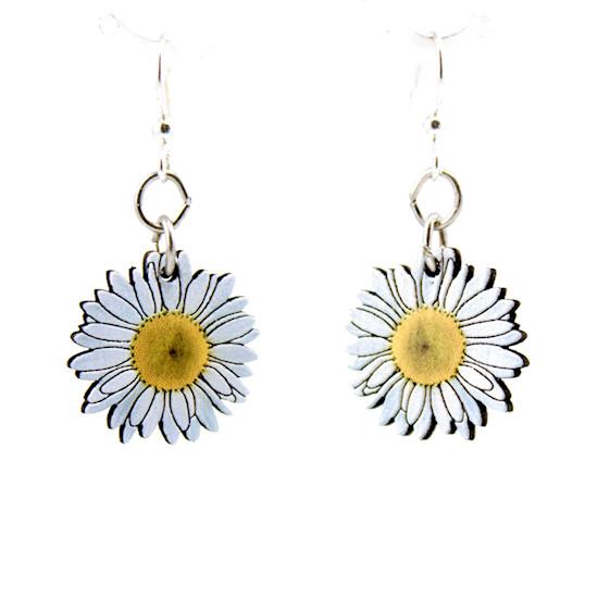 Daisy Blossom Earrings #173 featuring laser-cut wood design with silver-finished ear wires, ideal for eco-conscious fashion lovers.