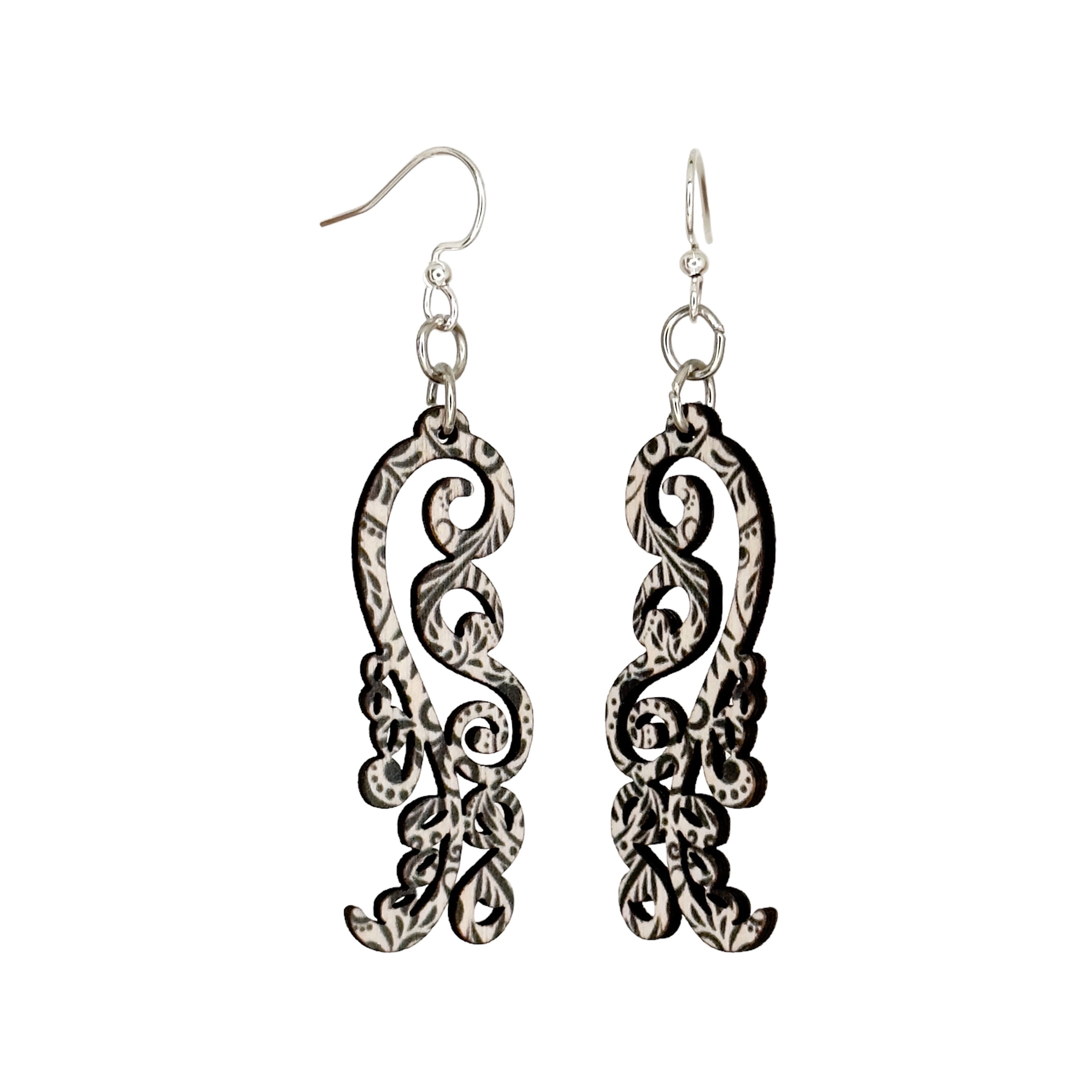 Dancing Black Floral Earrings featuring a floral design, sustainably sourced wood, and silver-finished hypoallergenic ear wires.