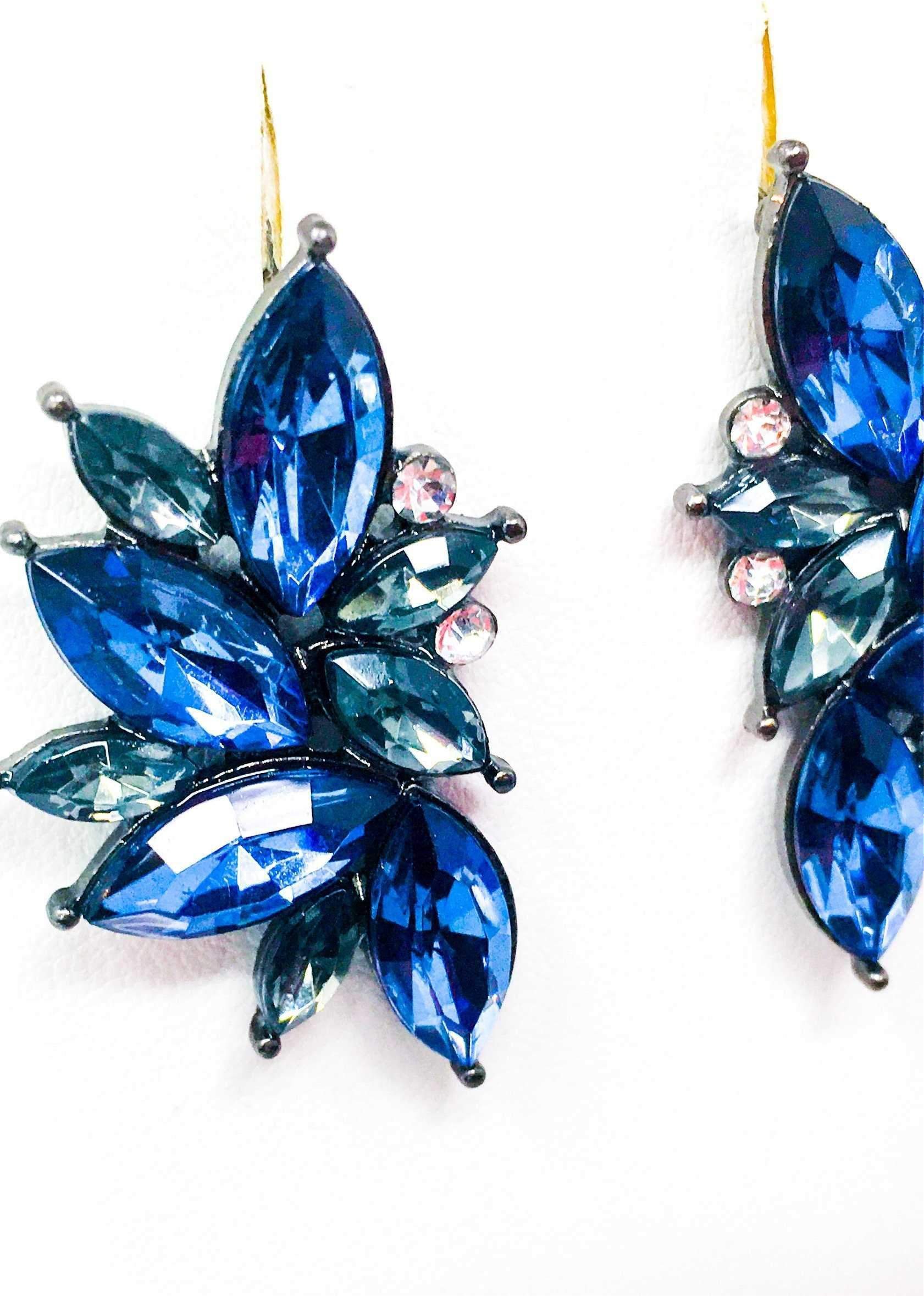 Dangle - Blue Angel earrings featuring a geometric design in gold with crystallized stones, perfect for special occasions.