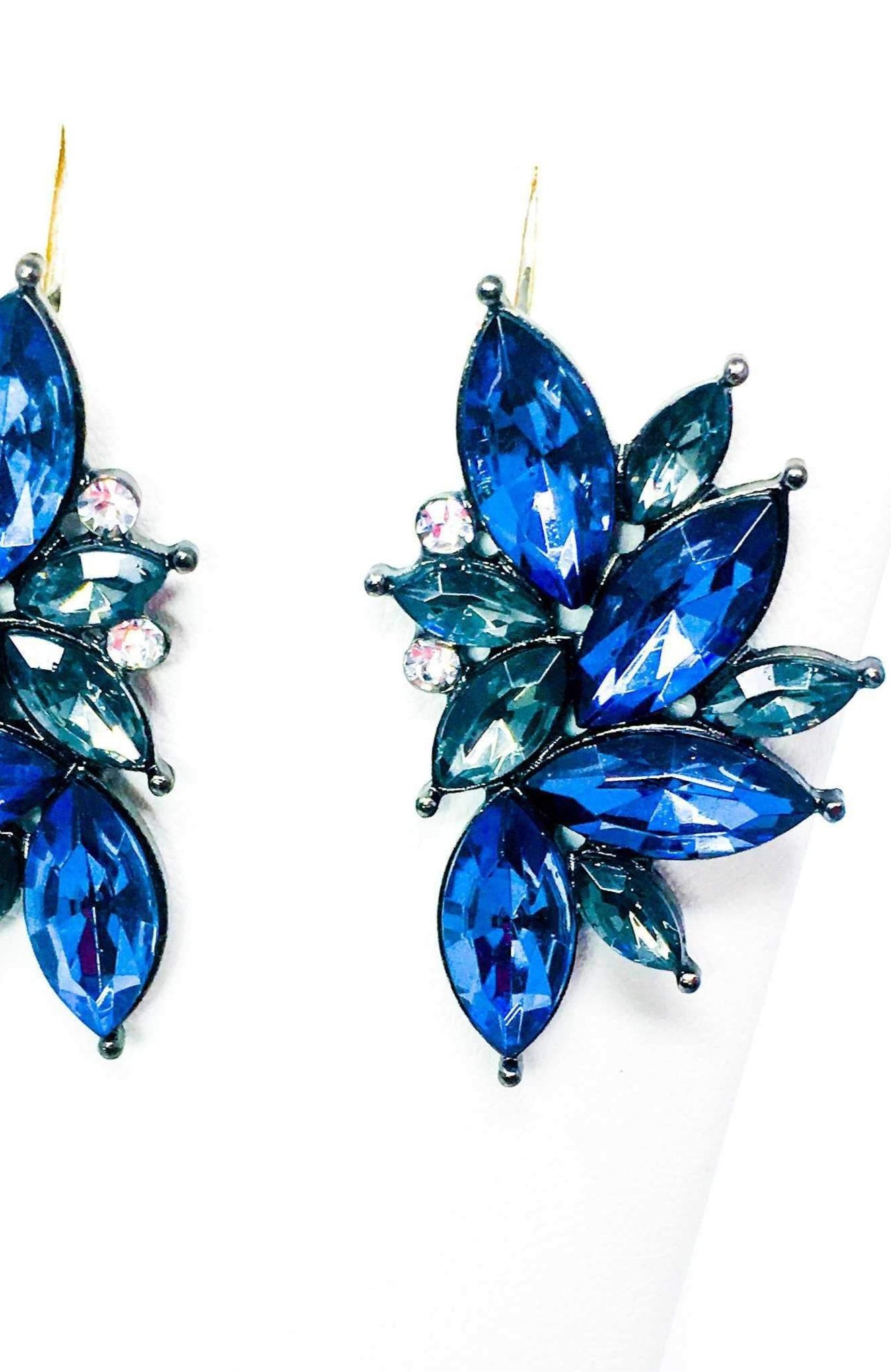 Dangle - Blue Angel earrings featuring a geometric design in gold with crystallized stones, perfect for special occasions.