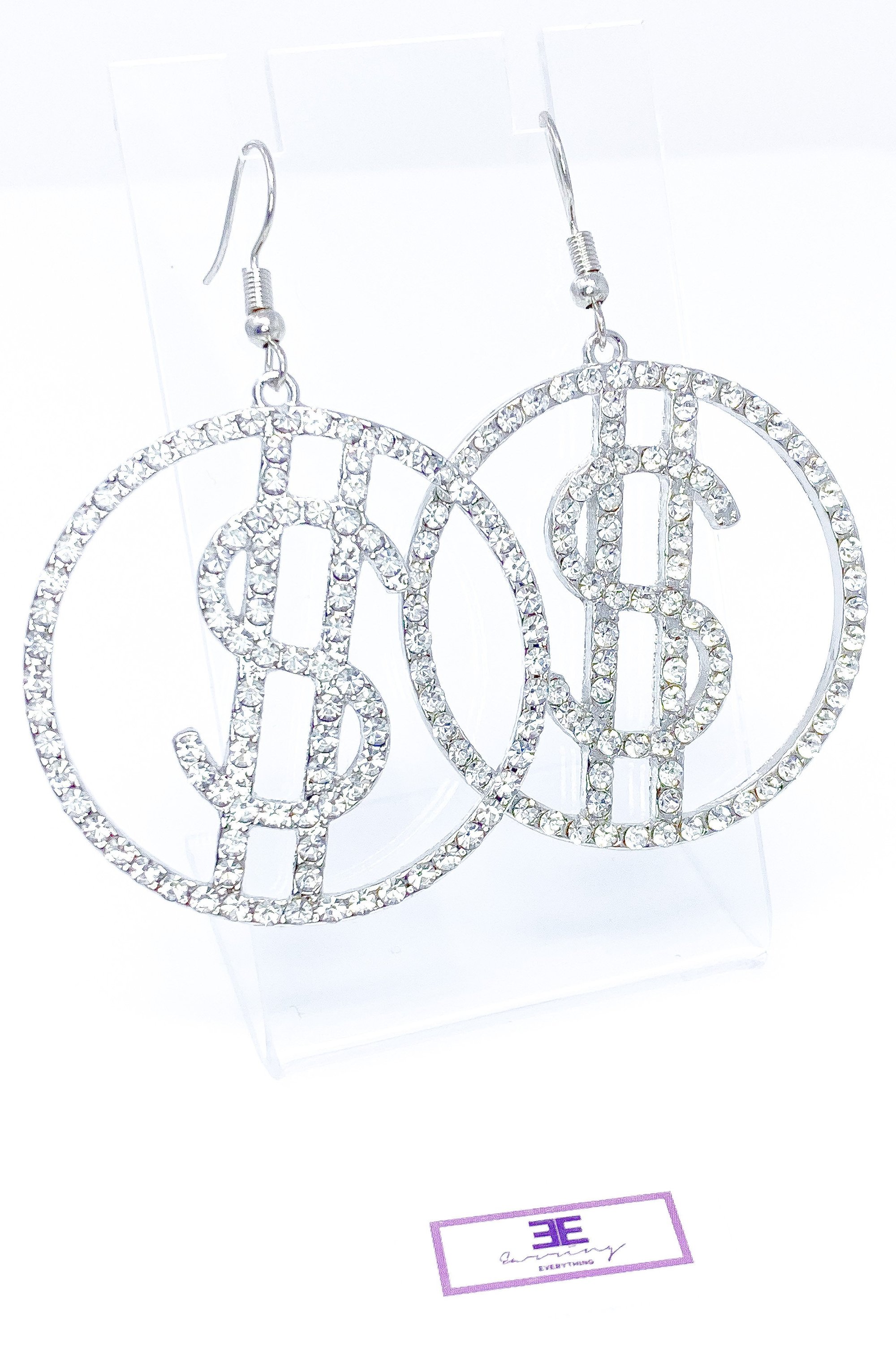 Dangle - Cash Period drop earrings featuring a money symbol design in silver, made from high-quality zinc alloy.