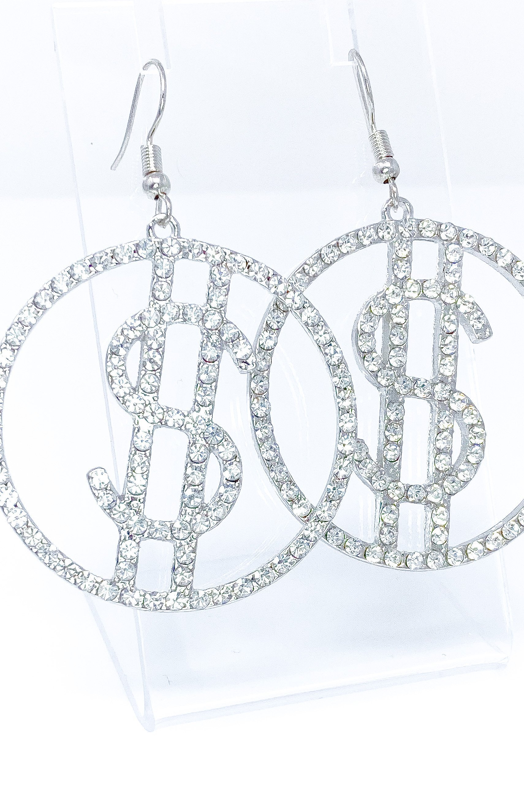 Dangle - Cash Period drop earrings featuring a money symbol design in silver, made from high-quality zinc alloy.