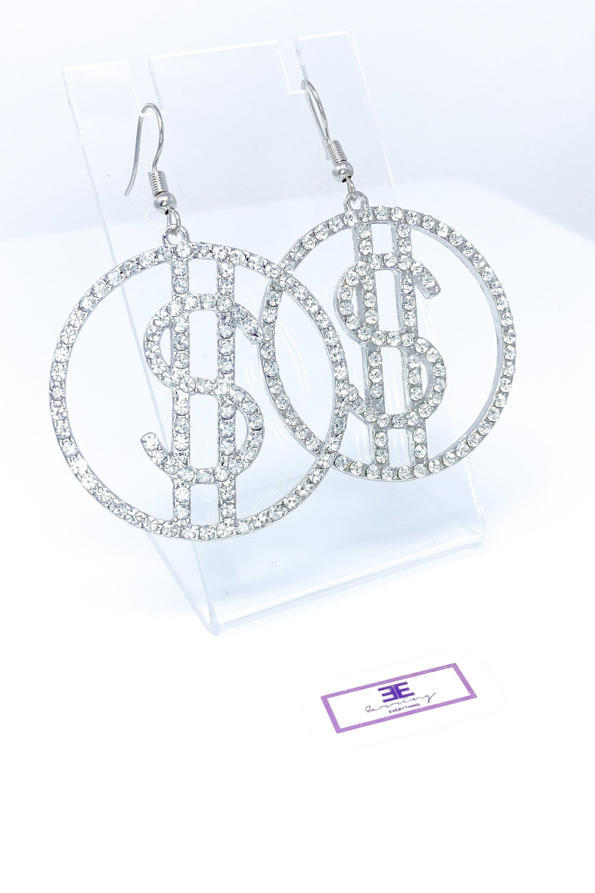 Dangle - Cash Period drop earrings featuring a money symbol design in silver, made from high-quality zinc alloy.