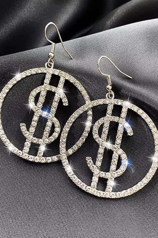 Dangle - Cash Period drop earrings featuring a money symbol design in silver, made from high-quality zinc alloy.