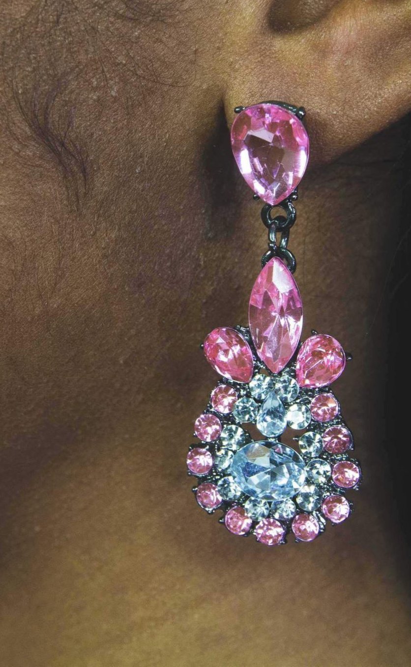 Dangle - Charisma Earrings featuring sparkling rhinestones in a teardrop design, available in pink and blue colors.