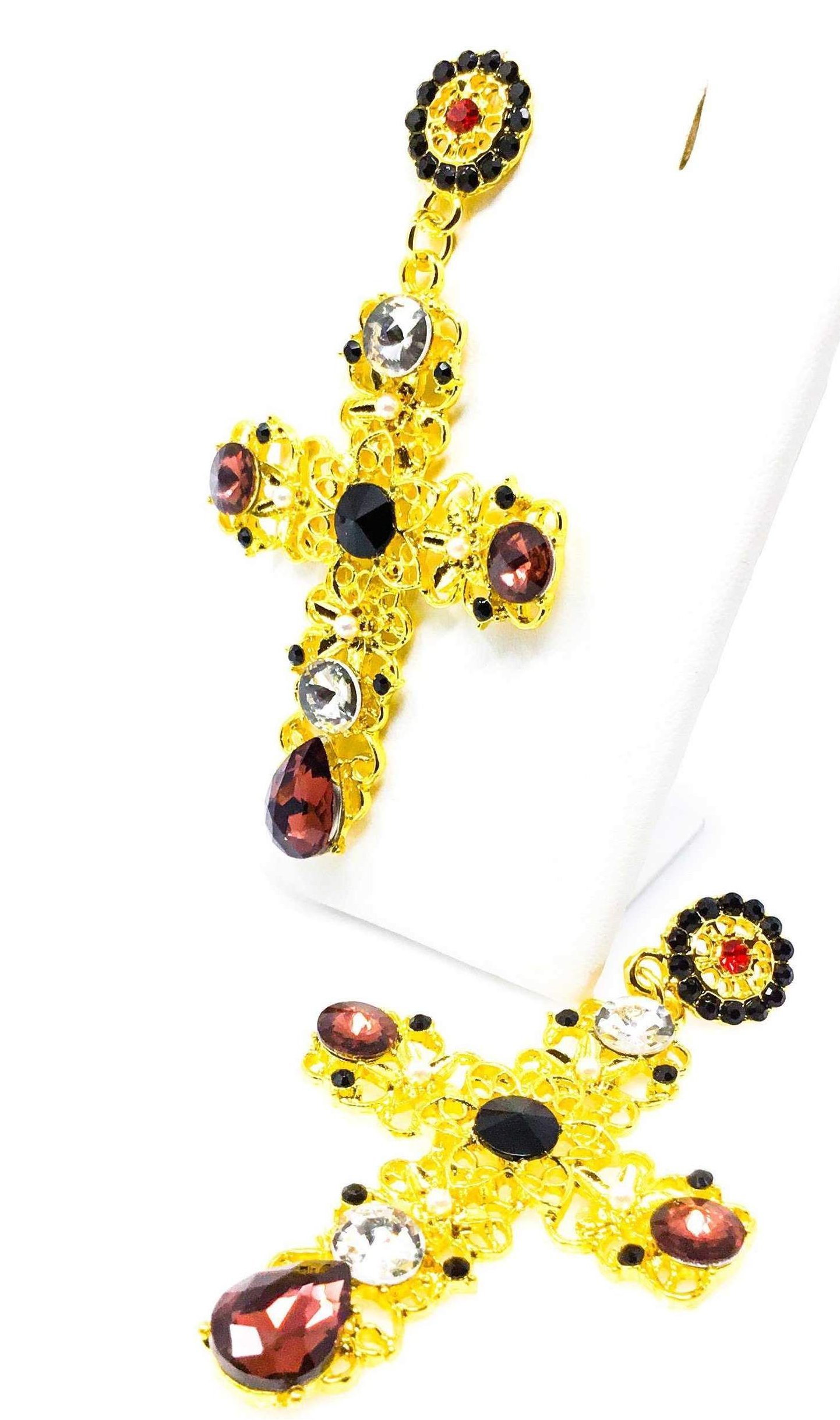 Dangle - Cross Me drop earrings in gold, burgundy, and black, showcasing geometric shapes and high-quality zinc alloy material.