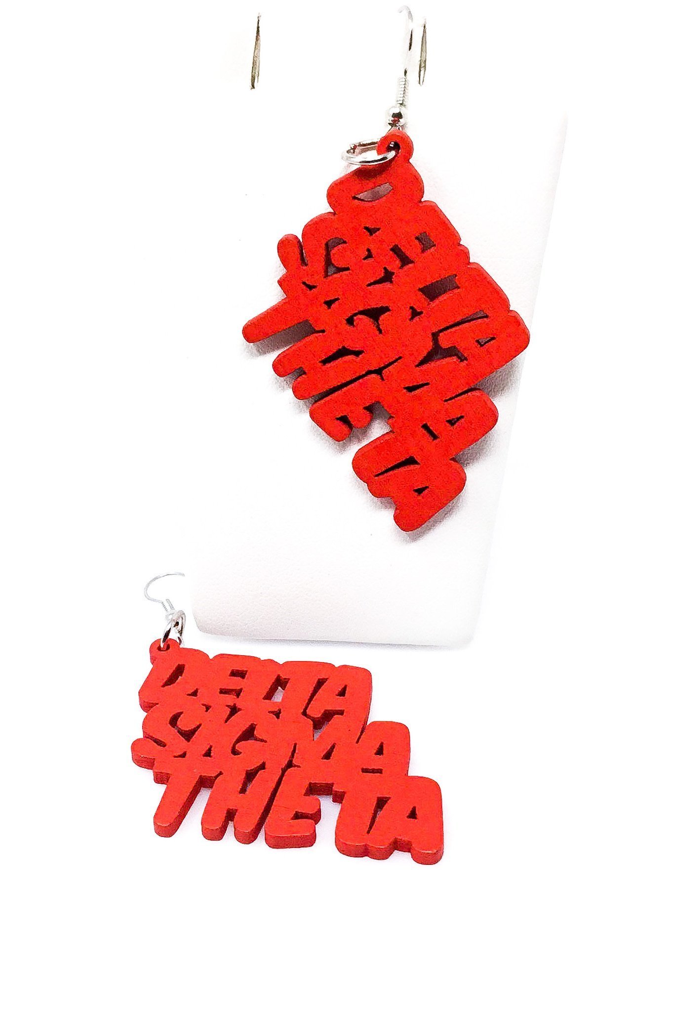 Dangle Delta Sigma Theta hoop drop earrings in vibrant red, made from wood and designed for sorority pride.