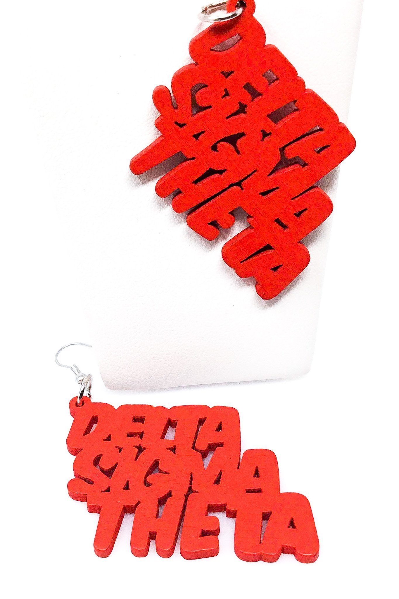 Dangle Delta Sigma Theta hoop drop earrings in vibrant red, made from wood and designed for sorority pride.