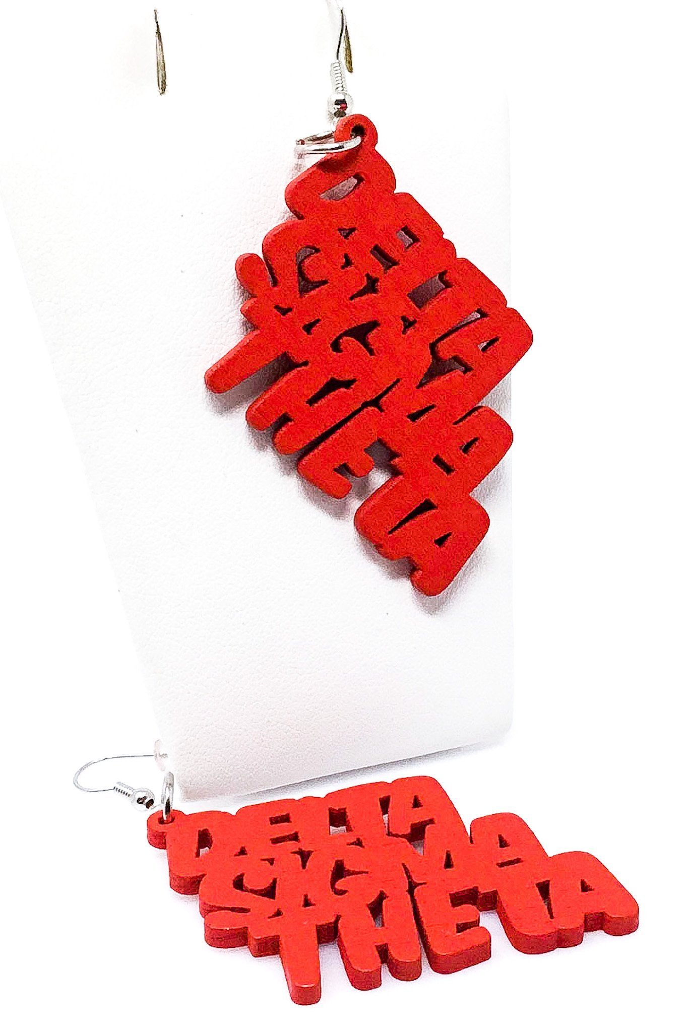 Dangle Delta Sigma Theta hoop drop earrings in vibrant red, made from wood and designed for sorority pride.