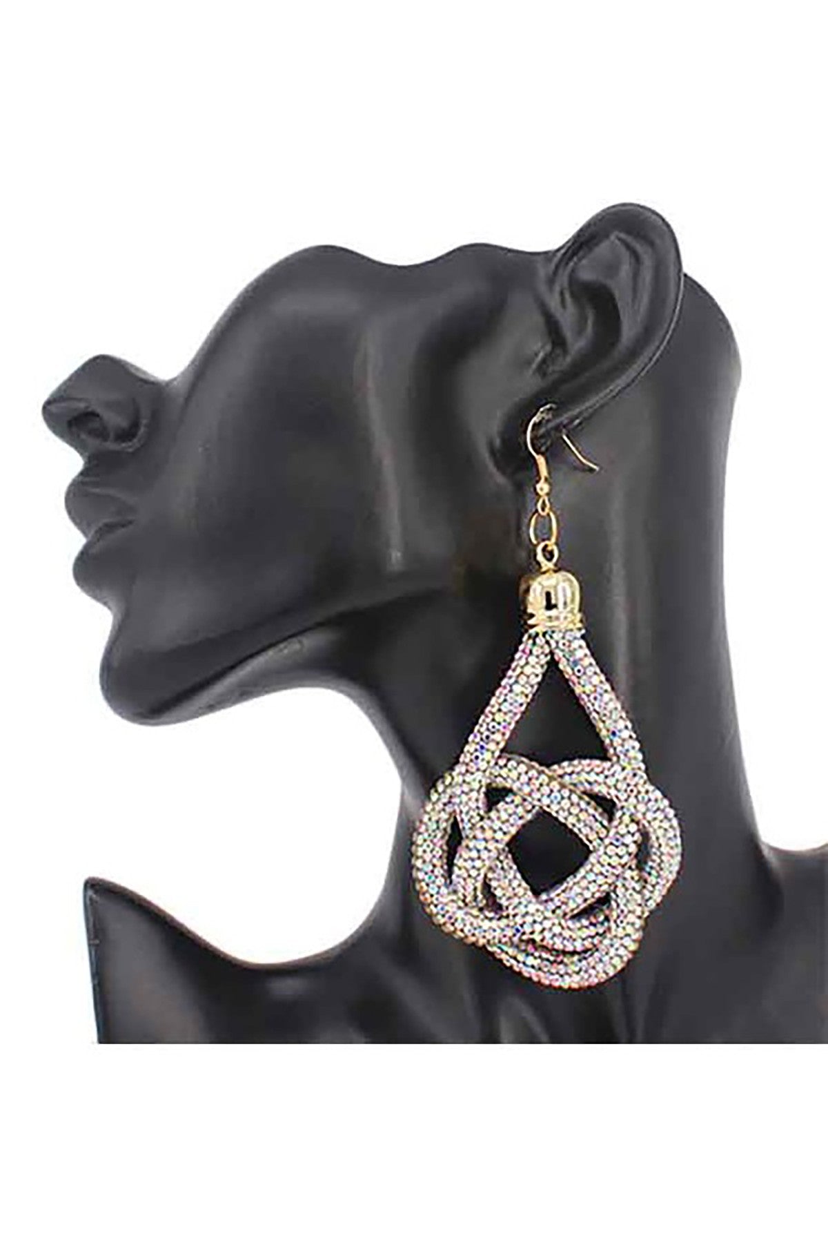 Elegant knotted shape crystal dangle earrings with a 3.5 inch drop and fish hook closure, perfect for any occasion.