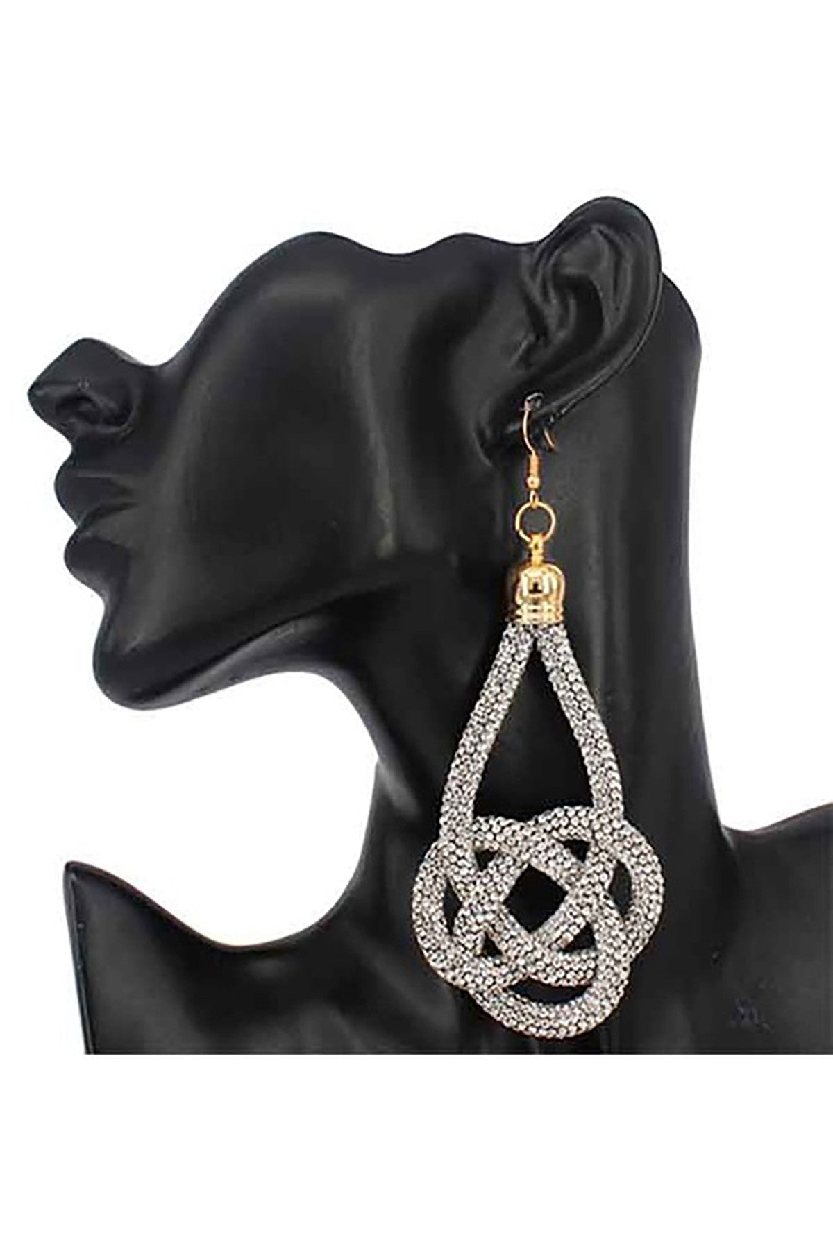 Elegant knotted shape crystal dangle earrings with a 3.5 inch drop and fish hook closure, perfect for any occasion.