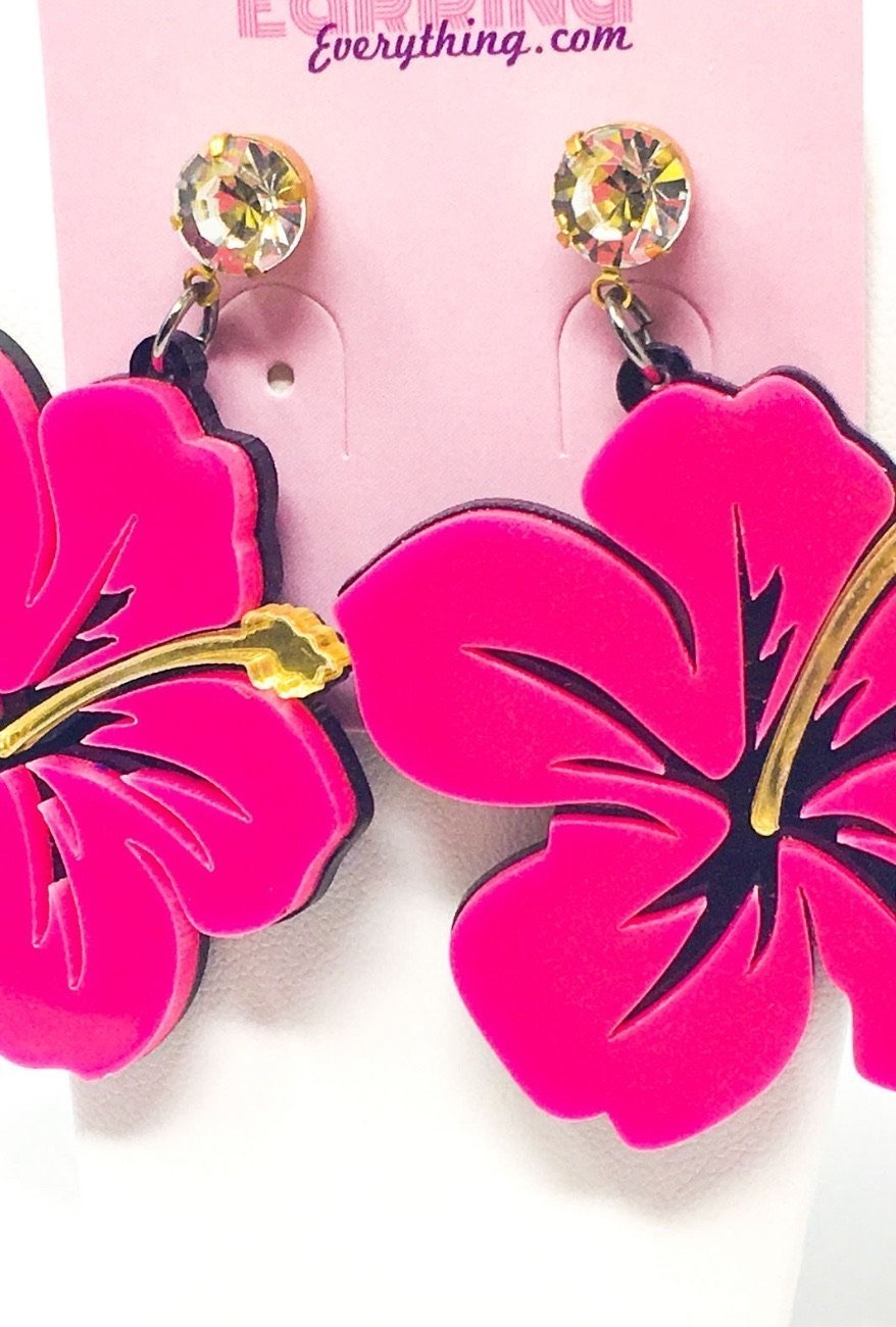 Dangle Hawaiian Hibiscus earrings featuring pink and blue acrylic sparkle drop design in a geometric heart shape.