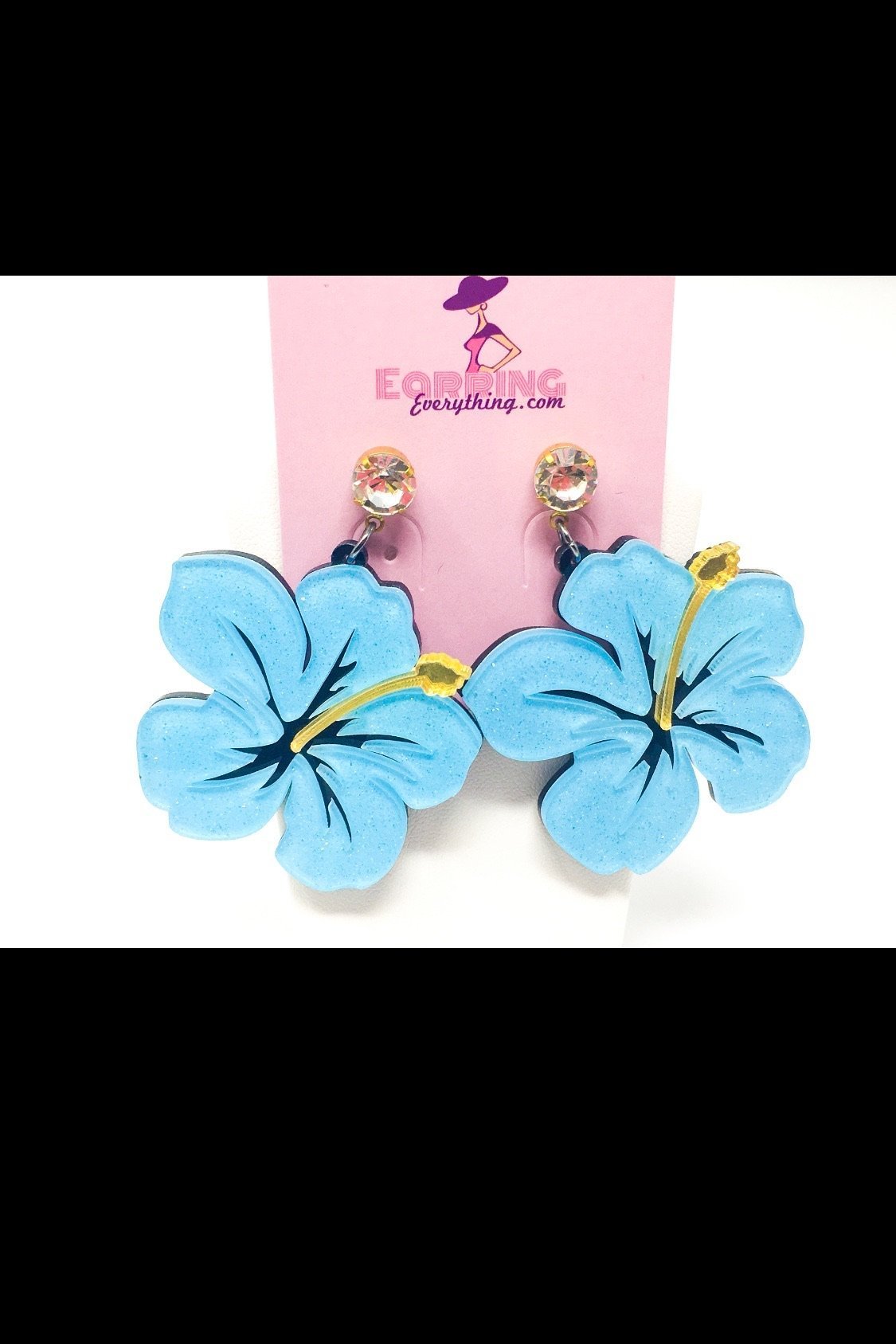 Dangle Hawaiian Hibiscus earrings featuring pink and blue acrylic sparkle drop design in a geometric heart shape.