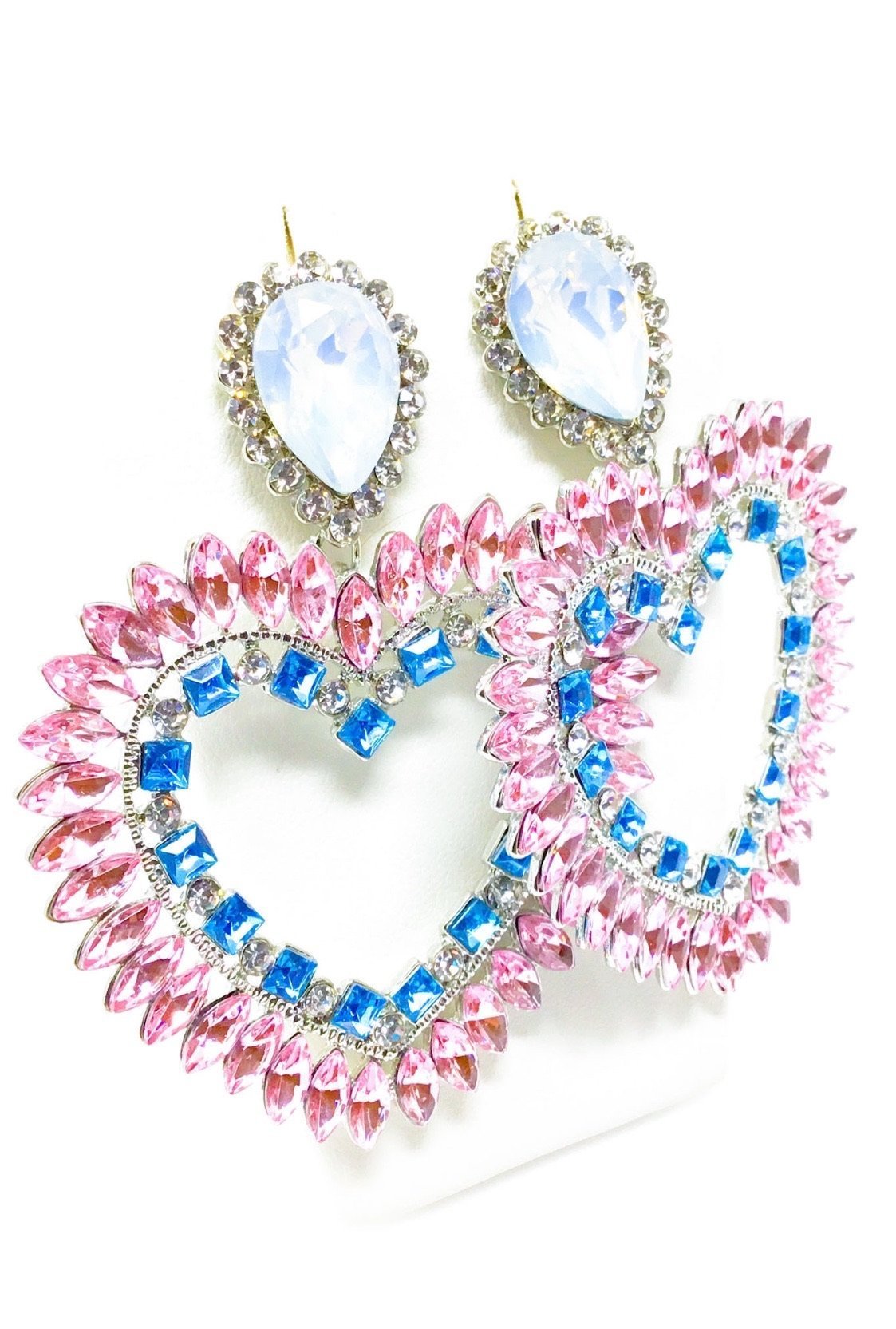 Dangle - Love Obsessed drop earrings in silver, pink, and blue, showcasing a geometric design made from high-quality zinc alloy.