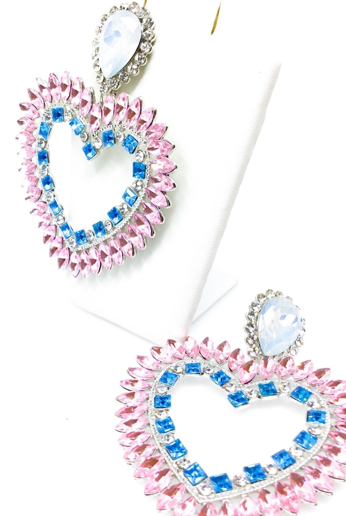 Dangle - Love Obsessed drop earrings in silver, pink, and blue, showcasing a geometric design made from high-quality zinc alloy.