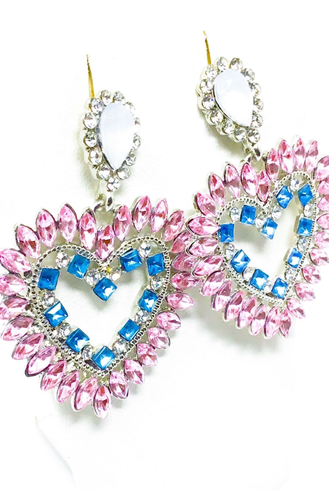 Dangle - Love Obsessed drop earrings in silver, pink, and blue, showcasing a geometric design made from high-quality zinc alloy.