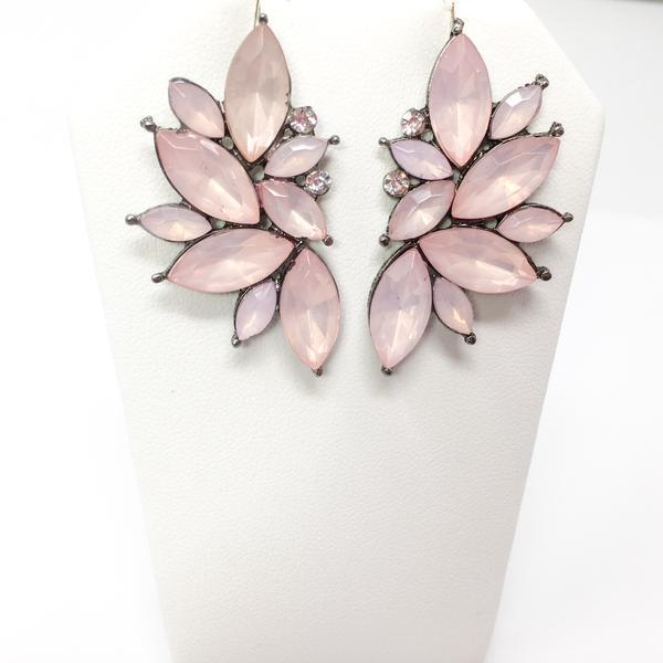 Dangle - Pink Angel earrings featuring geometric design in gold with crystallized stones.