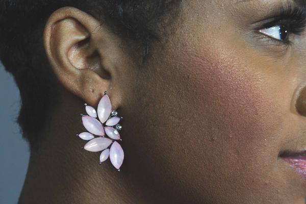 Dangle - Pink Angel earrings featuring geometric design in gold with crystallized stones.