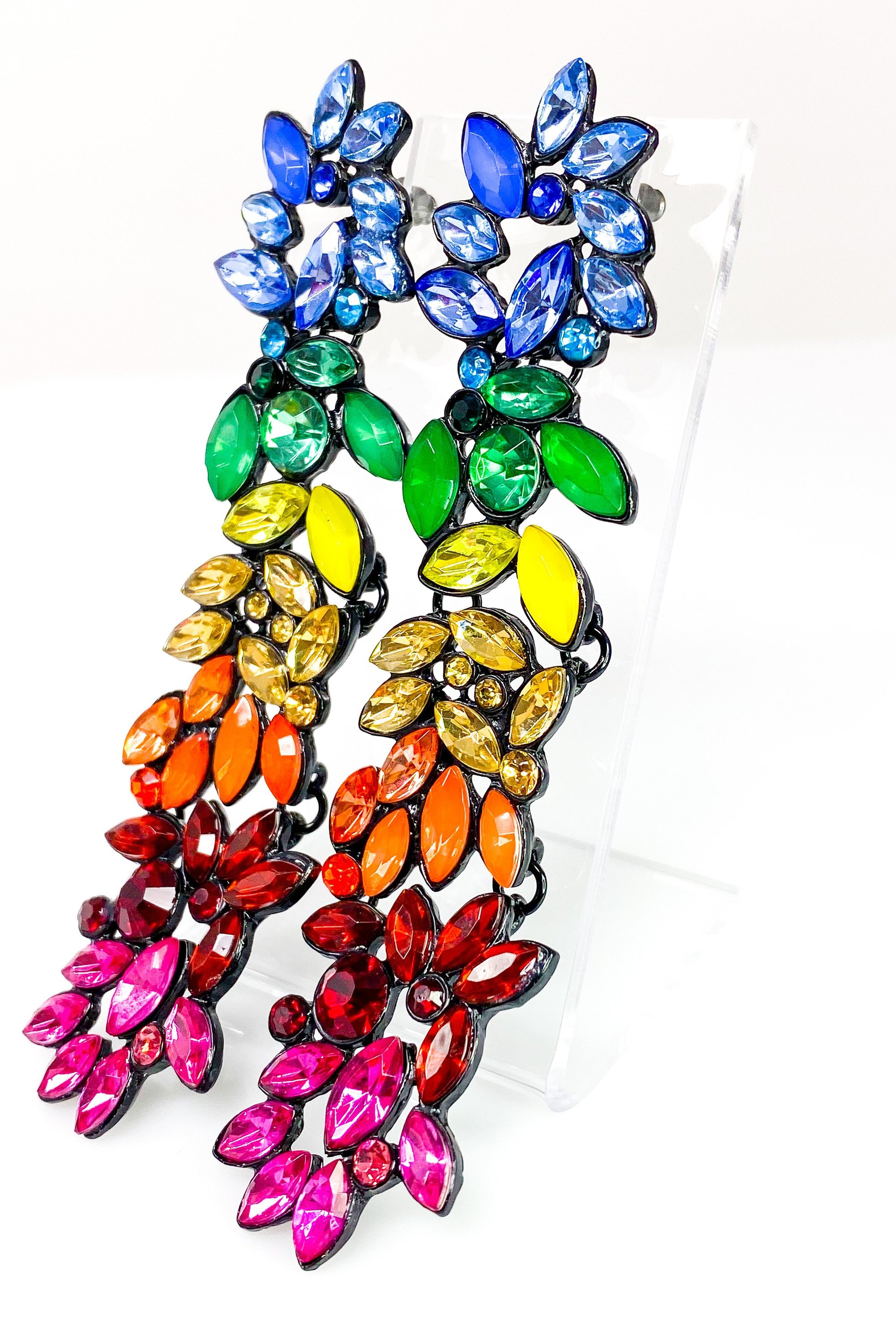 Dangle - Rainbow Drop earrings featuring vibrant yellow, blue, and orange colors in a geometric design, made from high-quality zinc alloy.