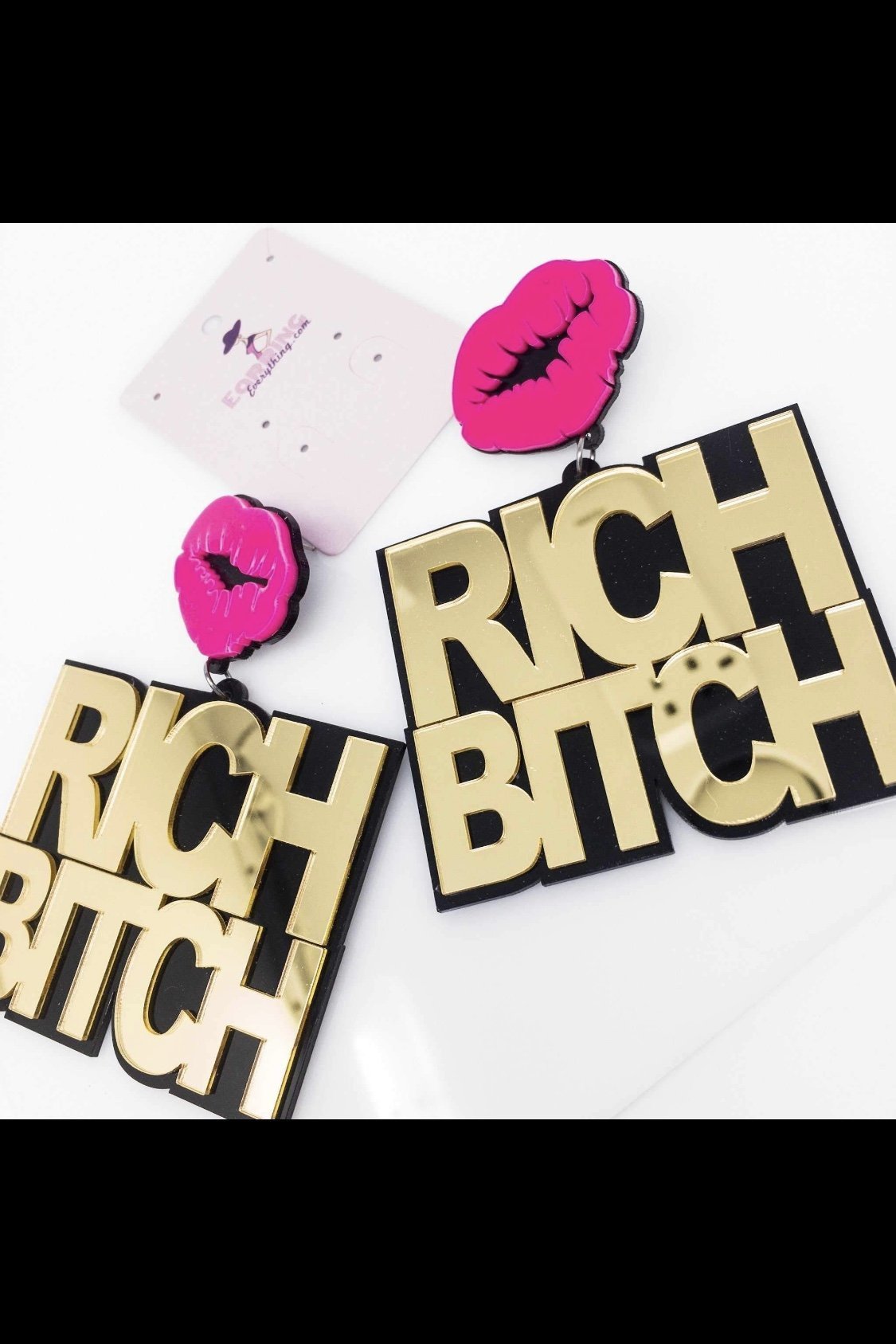 Dangle - Rich B. Earrings featuring geometric triangle and circle shapes in gold and pink colors, made from nickel-free alloy.