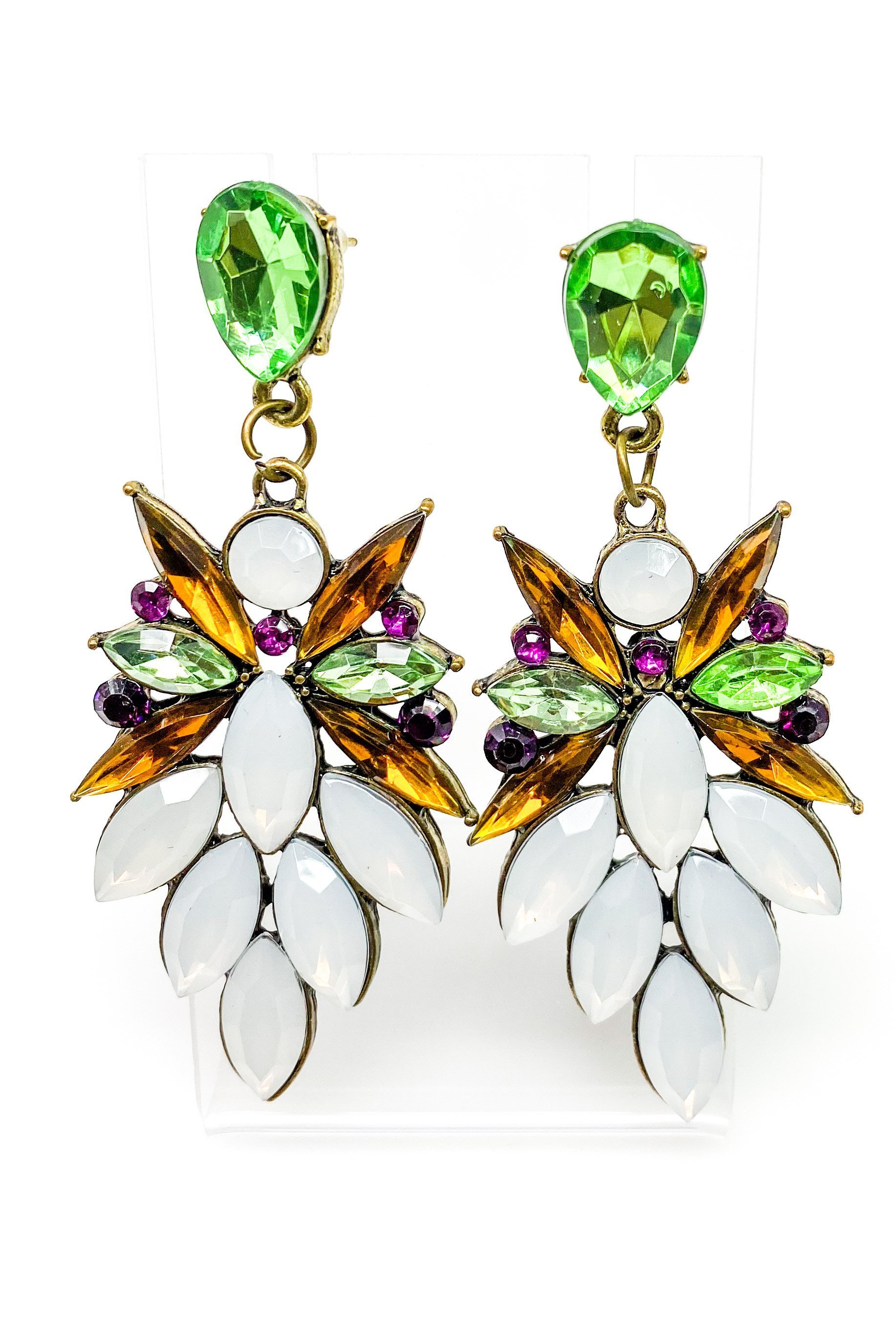 Dangle - Royale Earrings featuring crystallized stone drops in a geometric design, available in silver, green, tan, and purple.