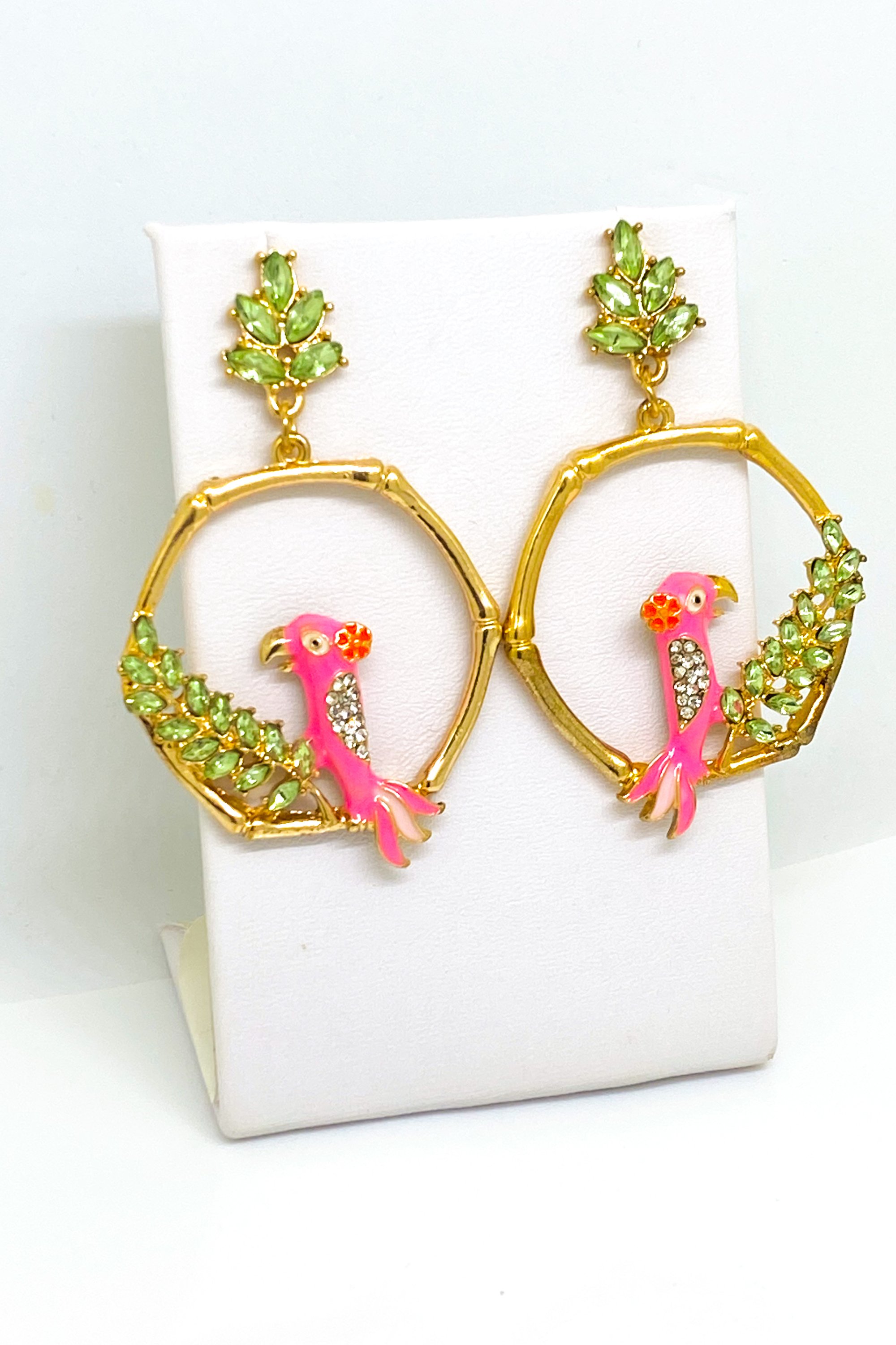 Dangle - Vaycay Robin hoop drop earrings in gold, pink, and green, showcasing a unique handmade design with a 2.25 inch diameter.