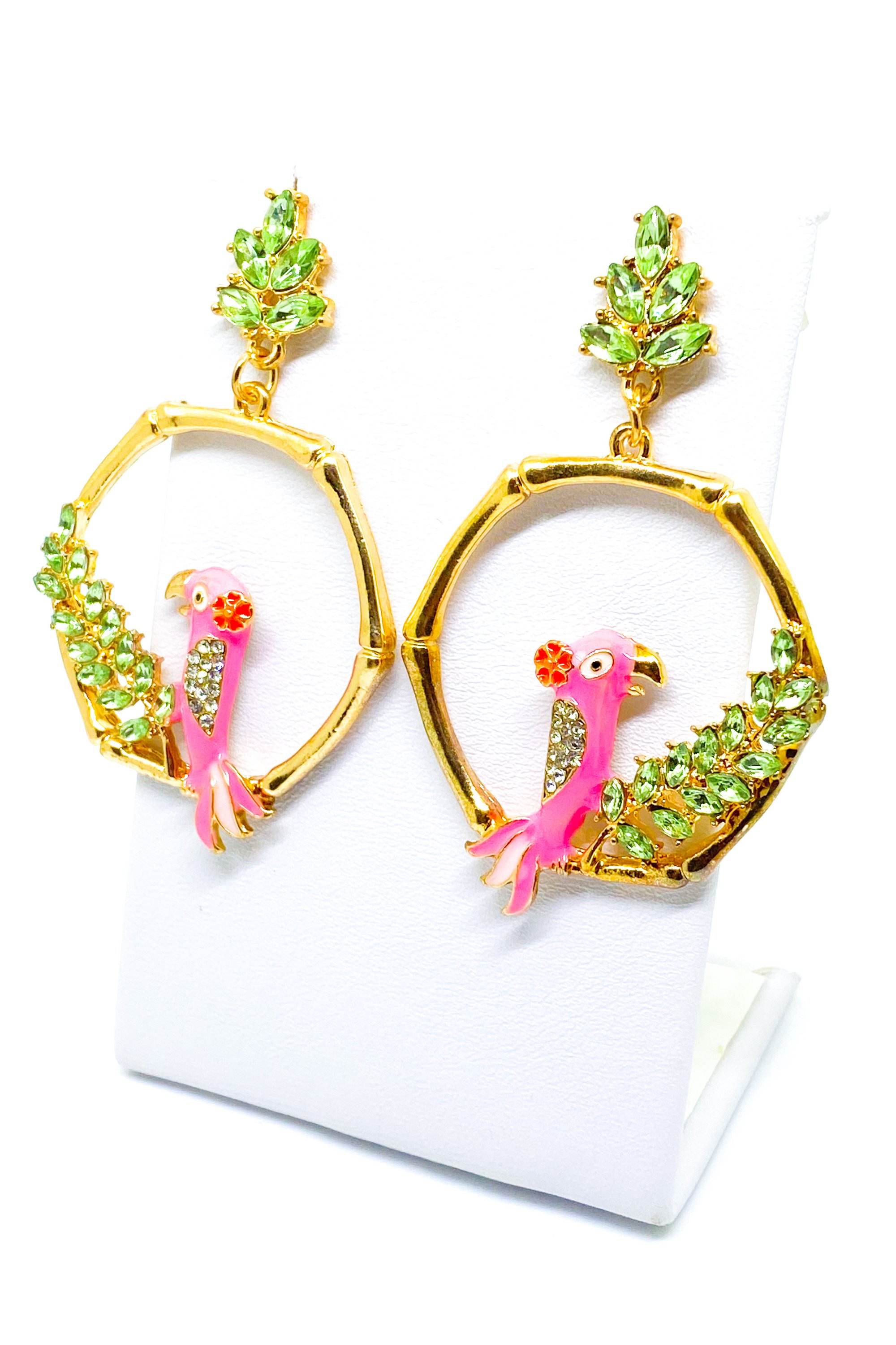 Dangle - Vaycay Robin hoop drop earrings in gold, pink, and green, showcasing a unique handmade design with a 2.25 inch diameter.