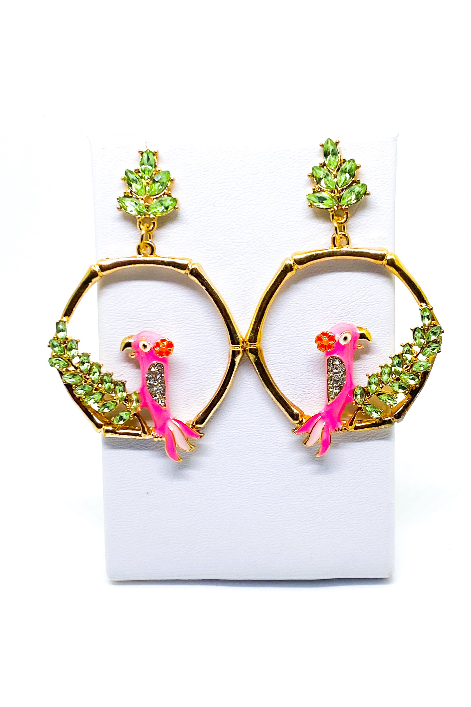 Dangle - Vaycay Robin hoop drop earrings in gold, pink, and green, showcasing a unique handmade design with a 2.25 inch diameter.