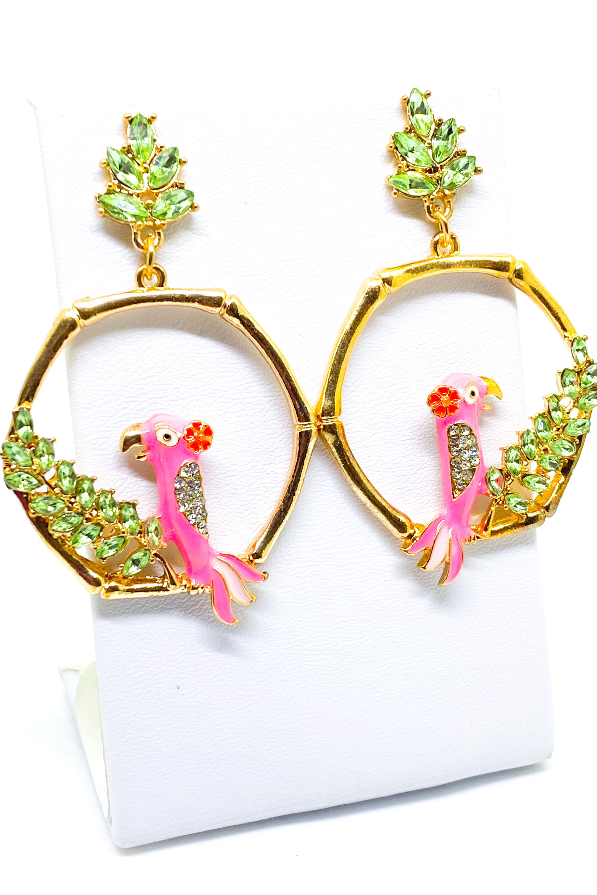 Dangle - Vaycay Robin hoop drop earrings in gold, pink, and green, showcasing a unique handmade design with a 2.25 inch diameter.