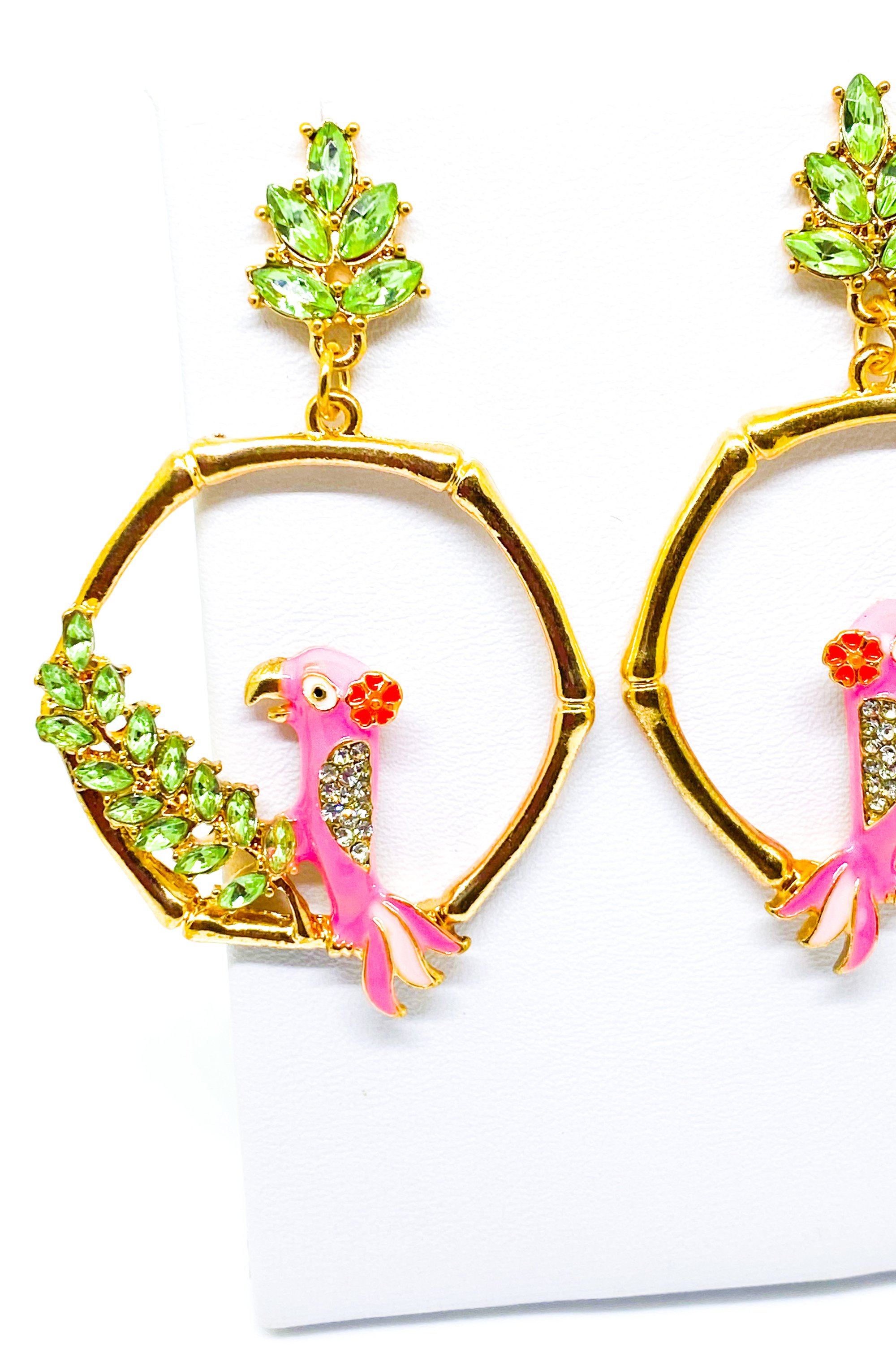 Dangle - Vaycay Robin hoop drop earrings in gold, pink, and green, showcasing a unique handmade design with a 2.25 inch diameter.