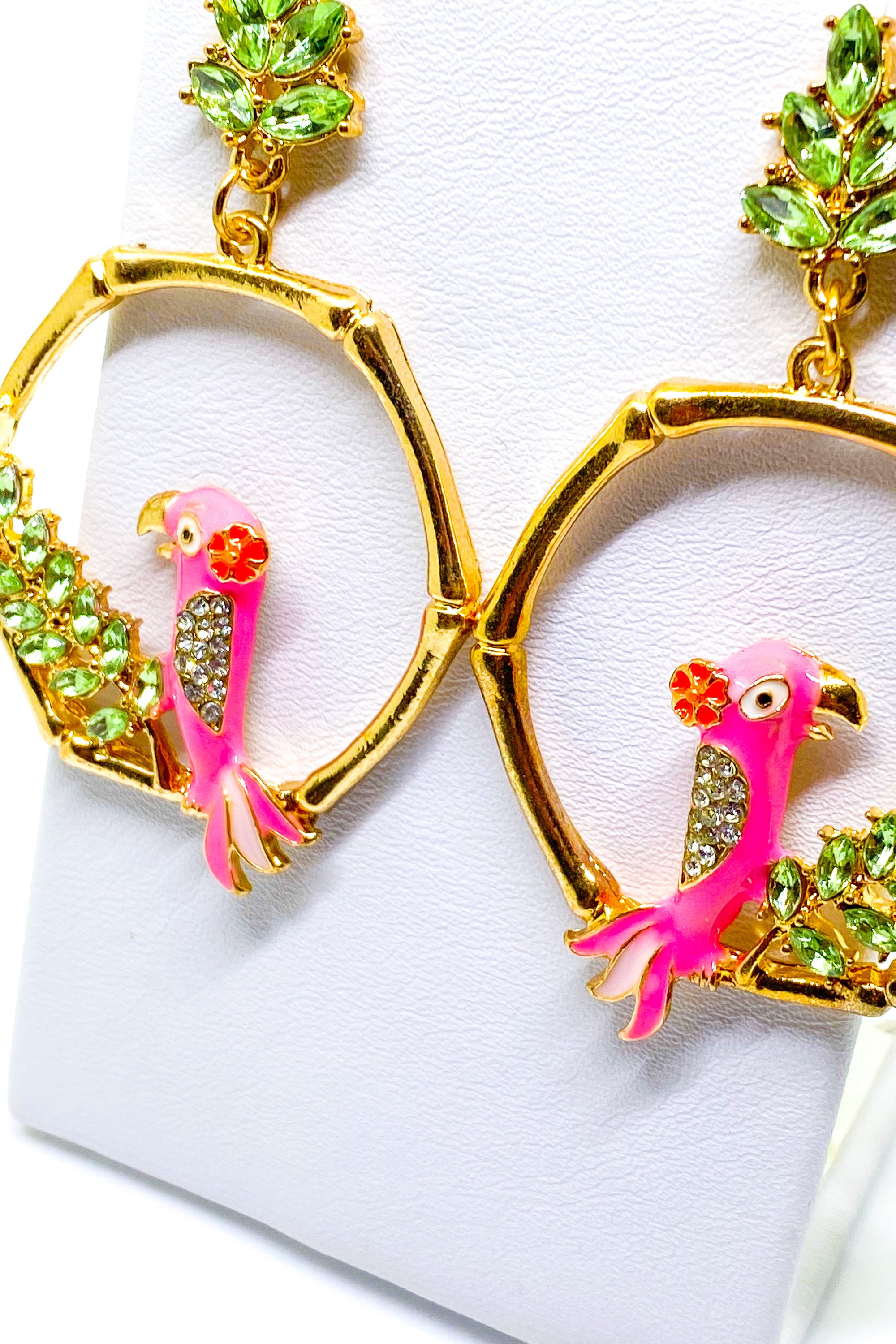 Dangle - Vaycay Robin hoop drop earrings in gold, pink, and green, showcasing a unique handmade design with a 2.25 inch diameter.