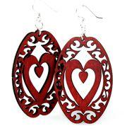 A pair of Decorative Heart Oval Earrings made from sustainably sourced wood, featuring a vibrant Cherry Red color and silver-finished hypoallergenic ear wires.