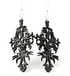 Detailed Cross Earrings #1225 made from sustainably sourced wood with a Black Satin finish, featuring silver-finished stainless steel ear wires.