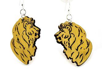 Detailed Lion Earrings made from sustainably sourced wood, featuring intricate laser-cut design and hypoallergenic stainless steel ear wires.