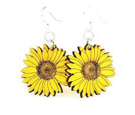 A pair of Detailed Sunflower Earrings made from sustainably sourced wood, featuring a vibrant sunflower design and silver-finished hypoallergenic ear wires.