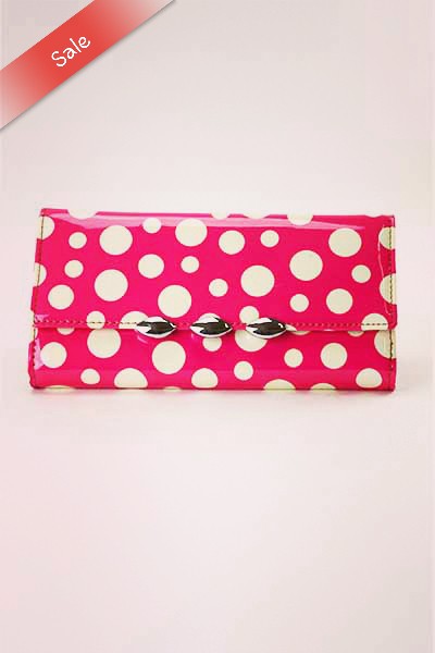 Stylish Dotted Wallet with snap closure and detachable shoulder strap, featuring inner zipper pocket and credit card slots.