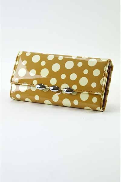 Stylish Dotted Wallet with snap closure and detachable shoulder strap, featuring inner zipper pocket and credit card slots.