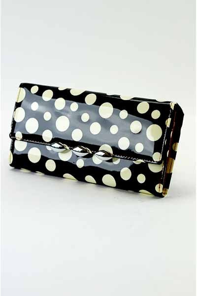 Stylish Dotted Wallet with snap closure and detachable shoulder strap, featuring inner zipper pocket and credit card slots.