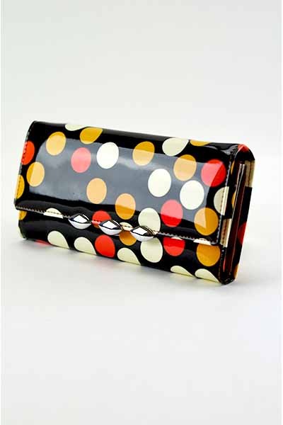 Stylish Dotted Wallet with snap closure and detachable shoulder strap, featuring inner zipper pocket and credit card slots.