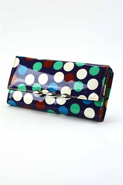 Stylish Dotted Wallet with snap closure and detachable shoulder strap, featuring inner zipper pocket and credit card slots.